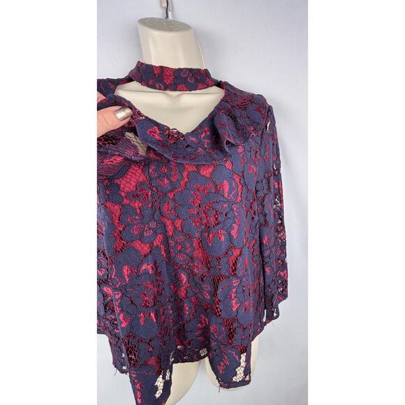 WAYF Floral Lace Choker Blouse | Women’s Small | Navy & Wine | NWT - Picture 8 of 11